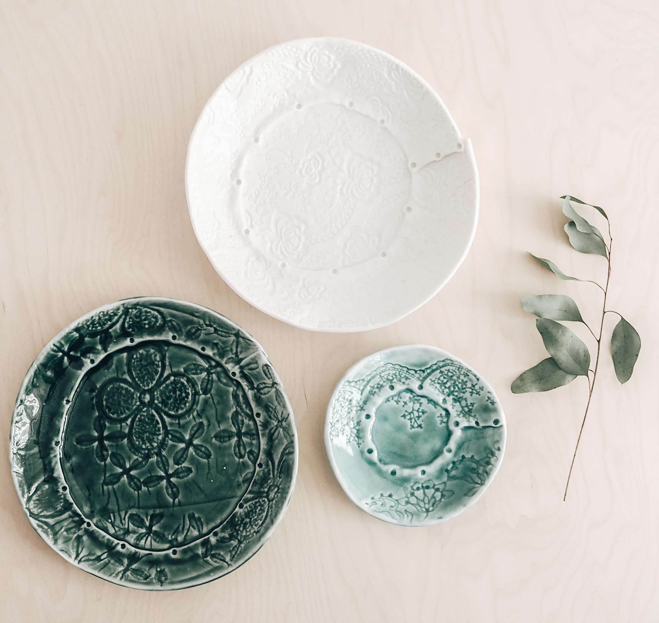 A textured Porcelain Plate  ~ with Cath Ball of 'Stitched Ceramics'